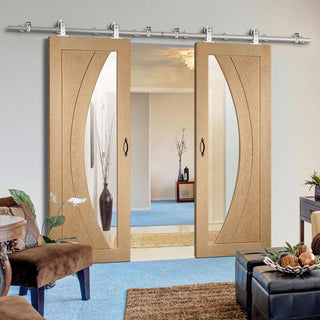 Image: Sirius Tubular Stainless Steel Sliding Track & Salerno Oak Double Door - Clear Glass - Unfinished