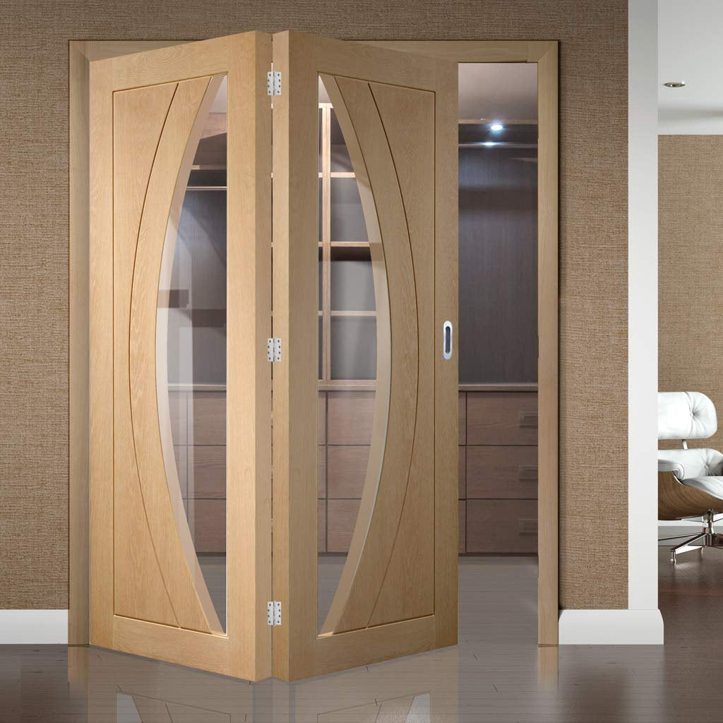 Two Folding Doors & Frame Kit - Salerno Oak 2+0 - Clear Glass - Unfinished