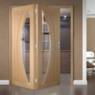Image: Two Folding Doors & Frame Kit - Salerno Oak 2+0 - Clear Glass - Unfinished