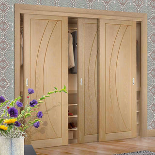 Image: Three Sliding Wardrobe Doors & Frame Kit - Salerno Oak Flush Door - Prefinished