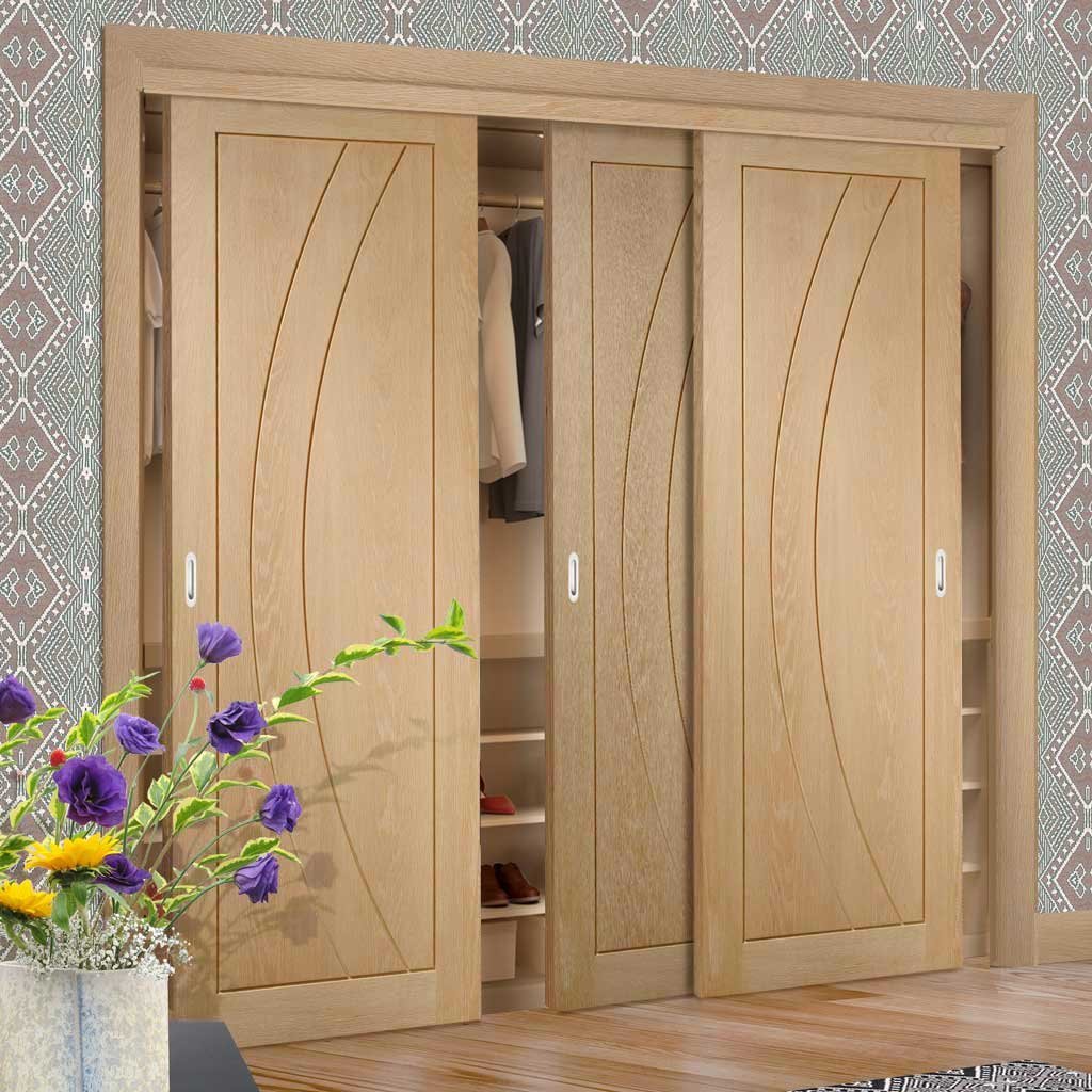 Minimalist Wardrobe Door & Frame Kit - Three Salerno Oak Flush Doors - Prefinished
