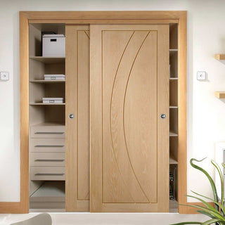 Image: Bespoke Thruslide Salerno Oak Flush 2 Door Wardrobe and Frame Kit - Prefinished