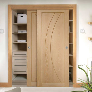 Image: Two Sliding Wardrobe Doors & Frame Kit - Salerno Oak Flush Door - Prefinished