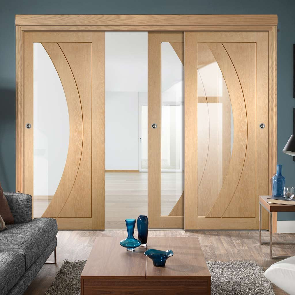 Three Sliding Doors and Frame Kit - Salerno Oak Door - Clear Glass - Prefinished