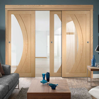 Image: Three Sliding Doors and Frame Kit - Salerno Oak Door - Clear Glass - Prefinished