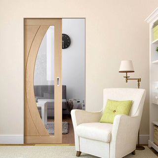 Image: Bespoke Salerno Oak Glazed Single Frameless Pocket Door - Prefinished