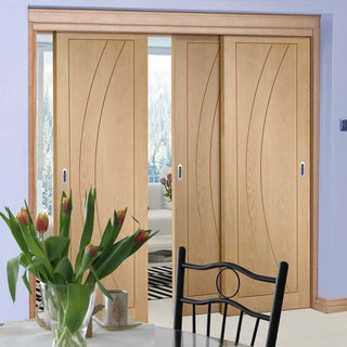 Image: Three Sliding Doors and Frame Kit - Salerno Oak Flush Door - Prefinished