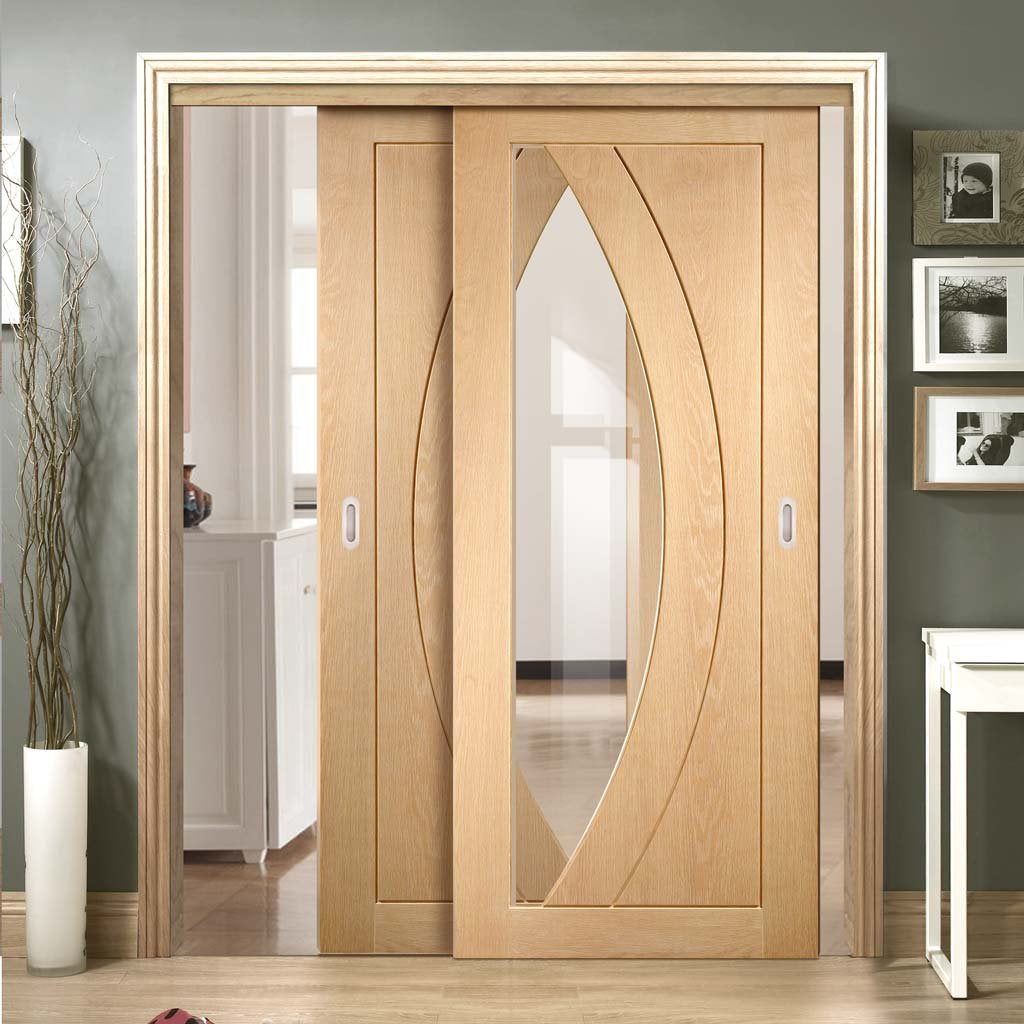 Two Sliding Doors and Frame Kit - Salerno Oak Door - Clear Glass - Unfinished