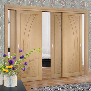 Image: Four Sliding Doors and Frame Kit - Salerno Oak Flush Door - Unfinished