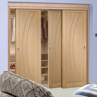 Image: Minimalist Wardrobe Door & Frame Kit - Three Salerno Oak Flush Doors - Unfinished