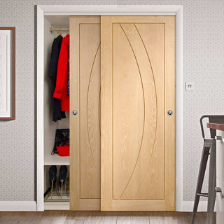 Image: Two Sliding Wardrobe Doors & Frame Kit - Salerno Oak Flush Door - Unfinished