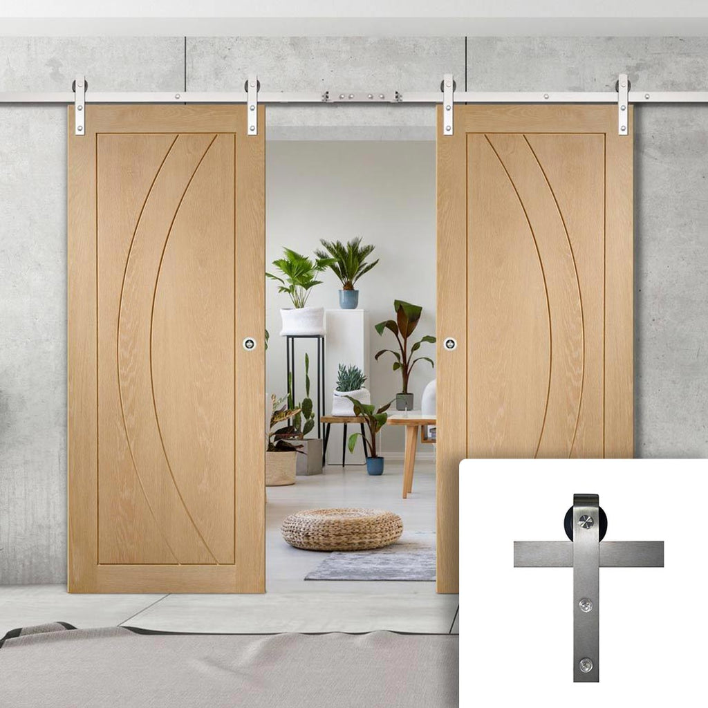Double Sliding Door & Stainless Steel Barn Track - Salerno Oak Flush Door - Unfinished