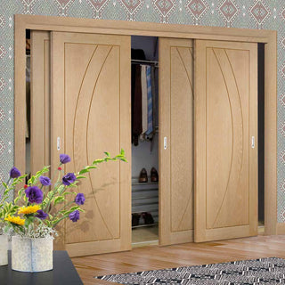 Image: Four Sliding Wardrobe Doors & Frame Kit - Salerno Oak Flush Door - Unfinished
