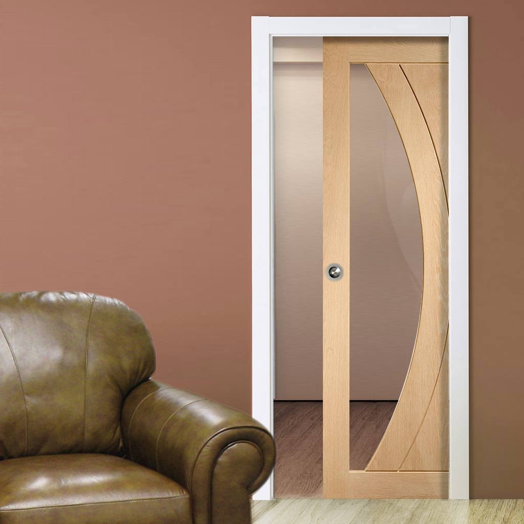 Salerno Oak Single Evokit Pocket Door - Clear Glass