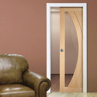 Image: Salerno Oak Single Evokit Pocket Door - Clear Glass