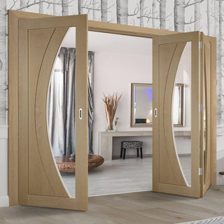 Image: Three Folding Doors & Frame Kit - Salerno Oak 2+1 - Clear Glass - Prefinished