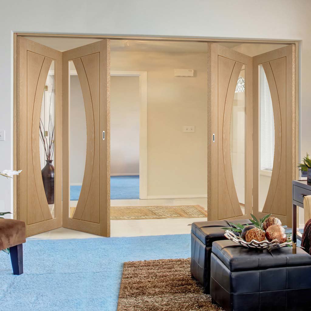 Four Folding Doors & Frame Kit - Salerno Oak 2+2 - Clear Glass - Prefinished
