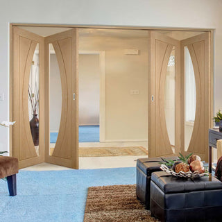 Image: Four Folding Doors & Frame Kit - Salerno Oak 2+2 - Clear Glass - Prefinished