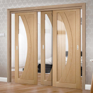 Image: Three Sliding Doors and Frame Kit - Salerno Oak Door - Clear Glass - Unfinished
