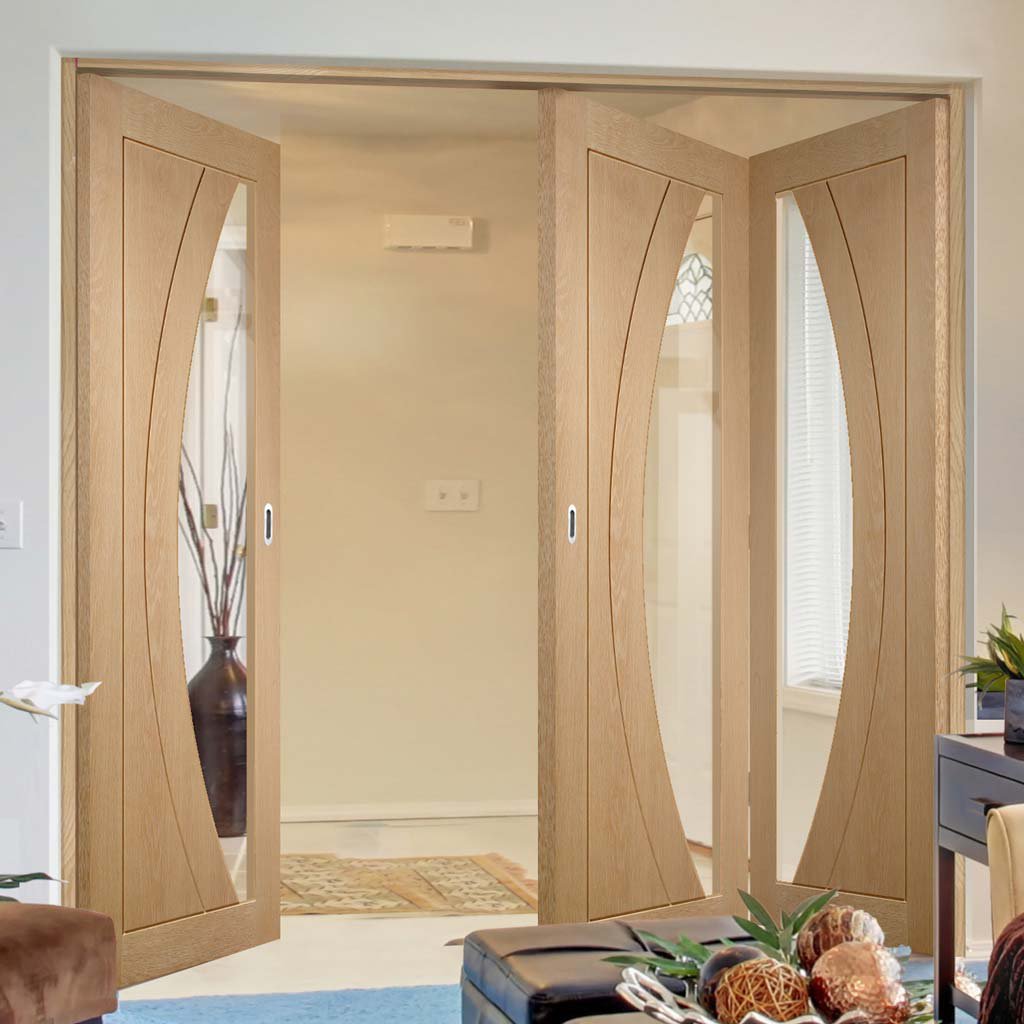 Three Folding Doors & Frame Kit - Salerno Oak 2+1 - Clear Glass - Unfinished