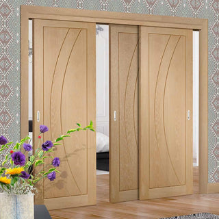 Image: Three Sliding Doors and Frame Kit - Salerno Oak Flush Door - Unfinished