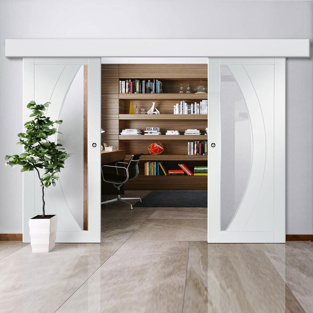 Double Sliding Door & Wall Track - Salerno Doors - Clear Glass - White Primed