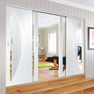 Image: Four Sliding Doors and Frame Kit - Salerno Door - Clear Glass - White Primed
