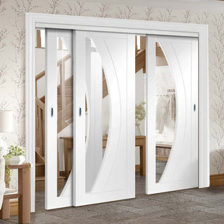 Image: Three Sliding Doors and Frame Kit - Salerno Door - Clear Glass - White Primed