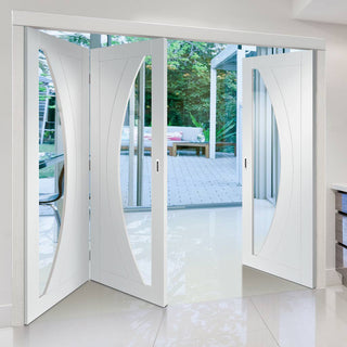 Image: Three Folding Doors & Frame Kit - Salerno 2+1 - Clear Glass - White Primed