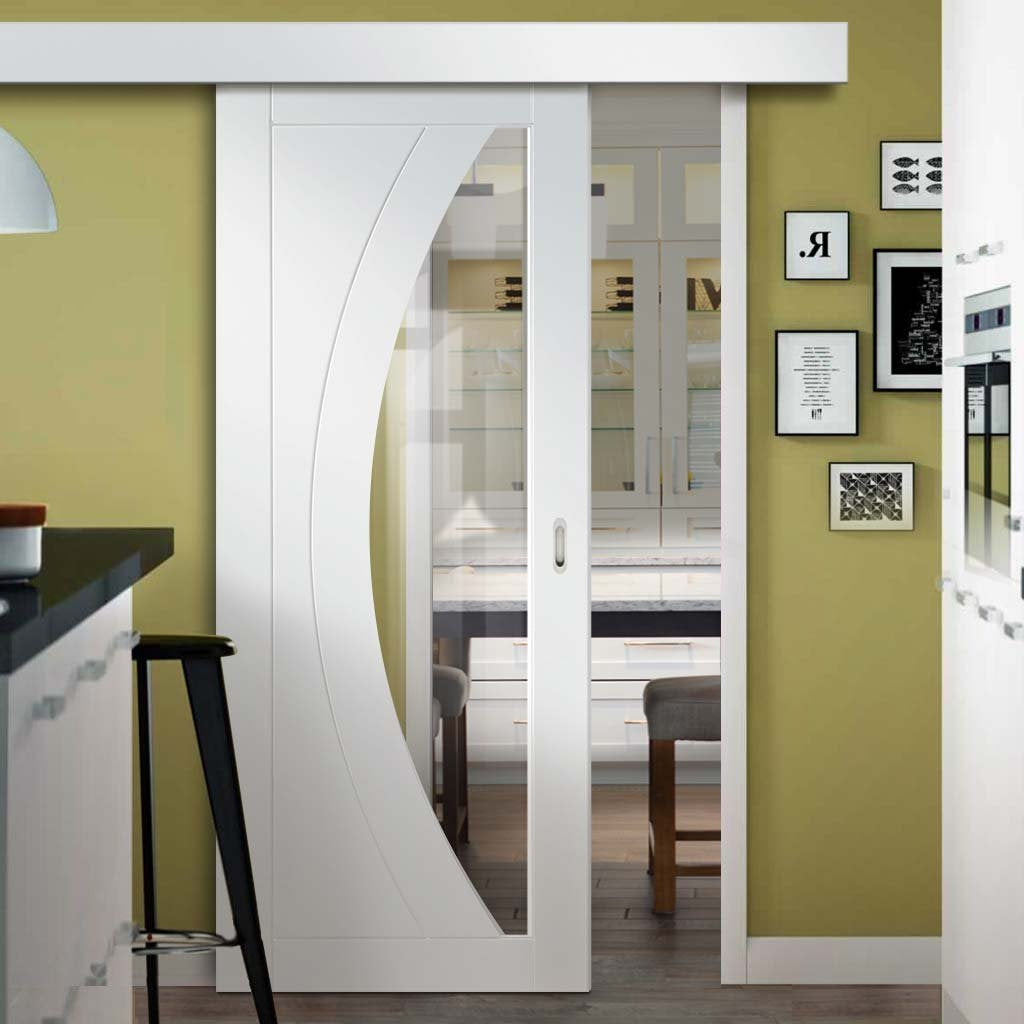 Single Sliding Door & Wall Track - Salerno Door - Clear Glass - White Primed