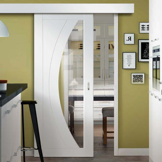 Image: Single Sliding Door & Wall Track - Salerno Door - Clear Glass - White Primed