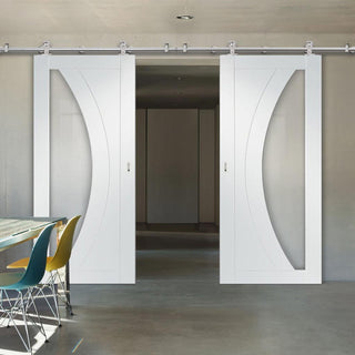 Image: Sirius Tubular Stainless Steel Sliding Track & Salerno Double Door - Clear Glass - White Primed