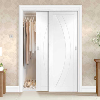Image: Two Sliding Wardrobe Doors & Frame Kit - Salerno Flush Door - White Primed