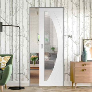 Image: Bespoke Salerno White Primed Glazed Single Frameless Pocket Door