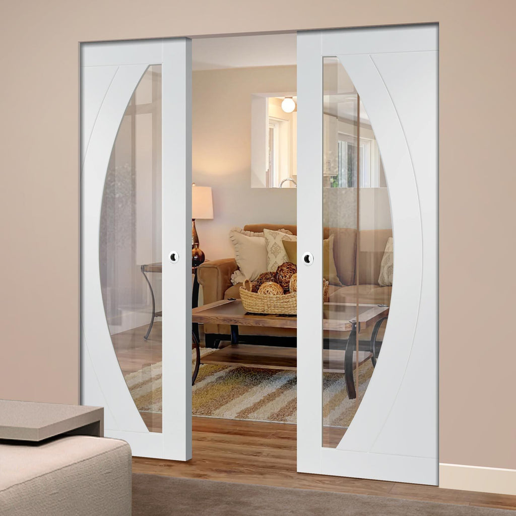 Bespoke Salerno White Primed Glazed Double Frameless Pocket Door