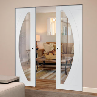 Image: Bespoke Salerno White Primed Glazed Double Frameless Pocket Door