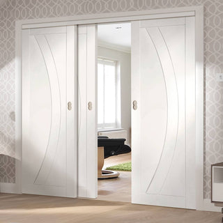 Image: Three Sliding Doors and Frame Kit - Salerno Flush Door - White Primed