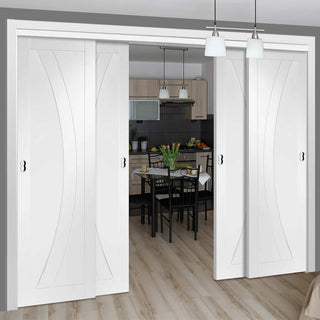 Image: Four Sliding Doors and Frame Kit - Salerno Flush Door - White Primed