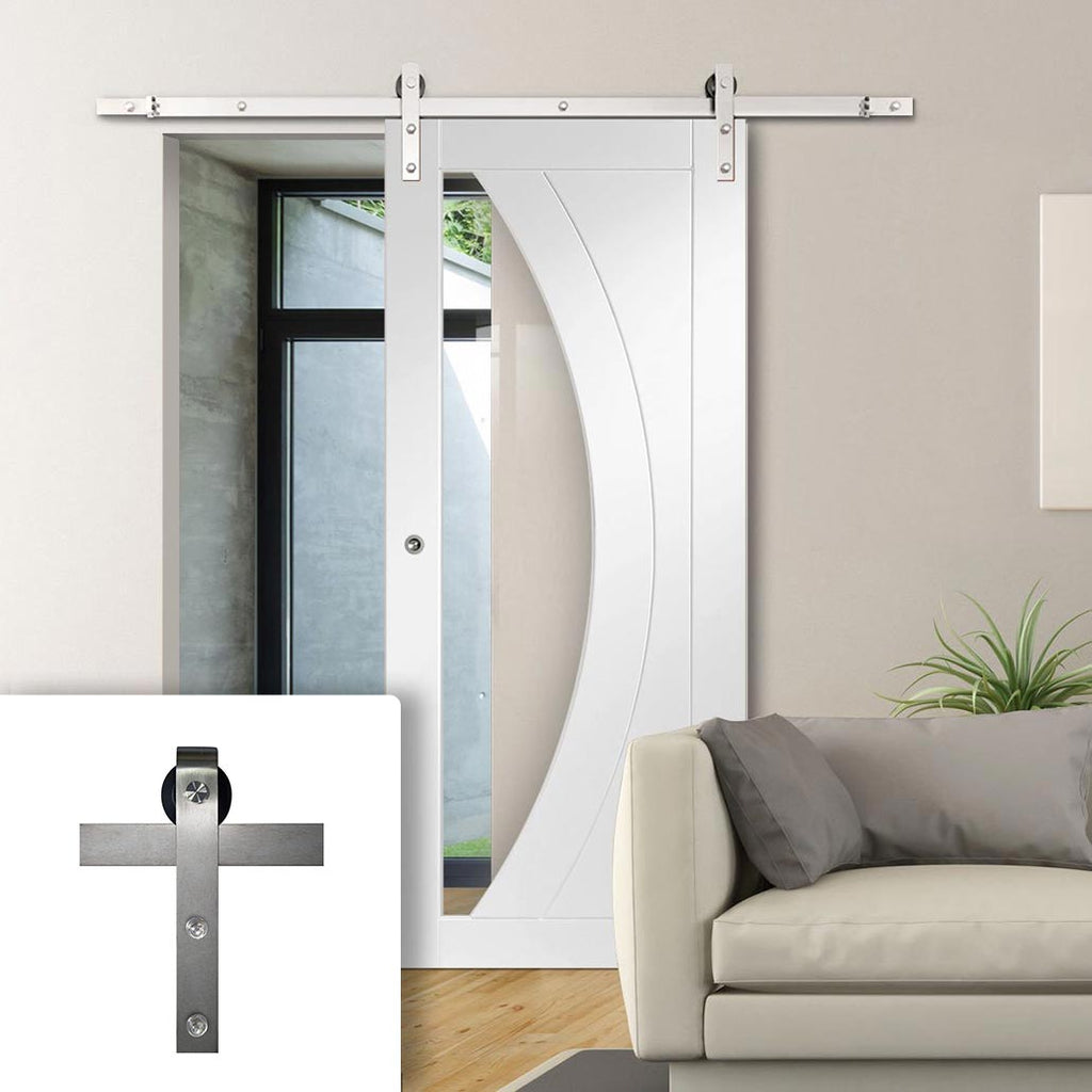 Single Sliding Door & Stainless Steel Barn Track - Salerno Door - Clear Glass - White Primed