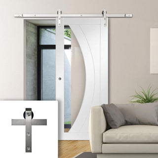 Image: Single Sliding Door & Stainless Steel Barn Track - Salerno Door - Clear Glass - White Primed
