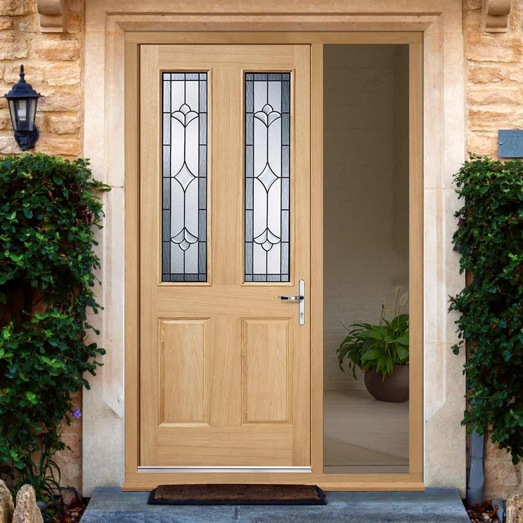 Part L Compliant Salisbury Exterior Oak Door and Frame Set - Part Frosted Double Glazing - One Unglazed Side Screen, From LPD Joinery