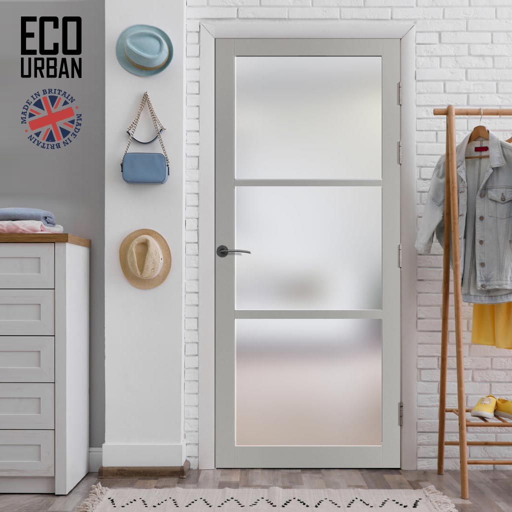 Handmade Eco-Urban Manchester 3 Pane Solid Wood Internal Door UK Made DD6306SG - Frosted Glass - Eco-Urban® Mist Grey Premium Primed