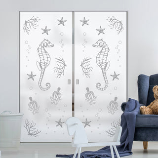 Image: Seahorse 8mm Obscure Glass - Obscure Printed Design - Double Absolute Pocket Door