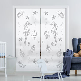 Image: Seahorse 8mm Obscure Glass - Obscure Printed Design - Double Evokit Glass Pocket Door