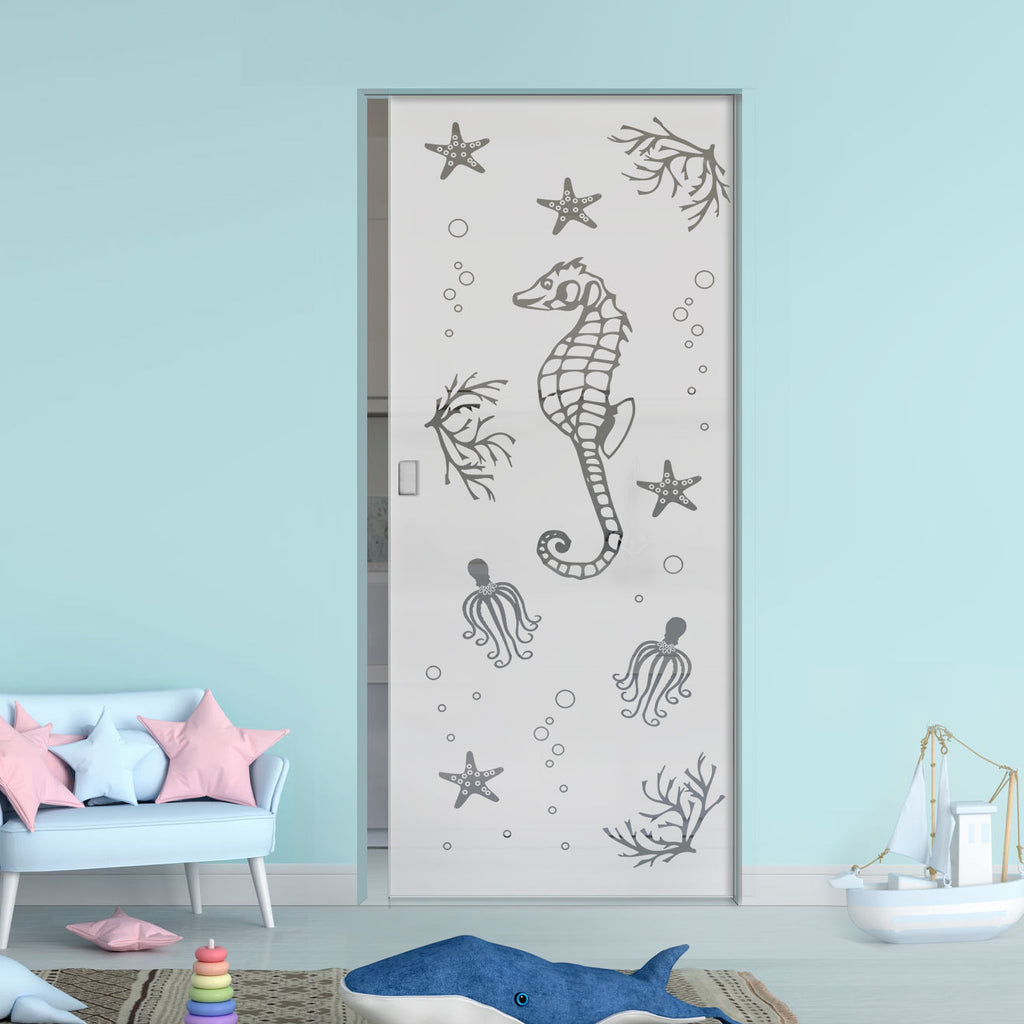 Seahorse 8mm Obscure Glass - Clear Printed Design - Single Absolute Pocket Door