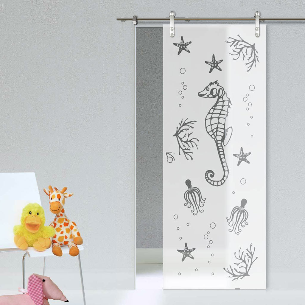 Single Glass Sliding Door - Solaris Tubular Stainless Steel Sliding Track & Seahorse 8mm Obscure Glass - Clear Printed Design