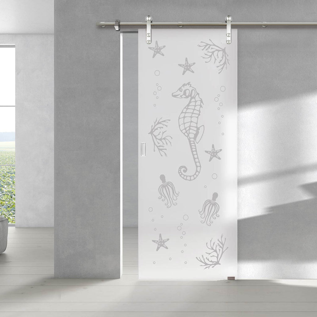 Single Glass Sliding Door - Solaris Tubular Stainless Steel Sliding Track & Seahorse 8mm Obscure Glass - Obscure Printed Design