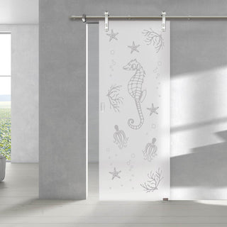 Image: Single Glass Sliding Door - Solaris Tubular Stainless Steel Sliding Track & Seahorse 8mm Obscure Glass - Obscure Printed Design
