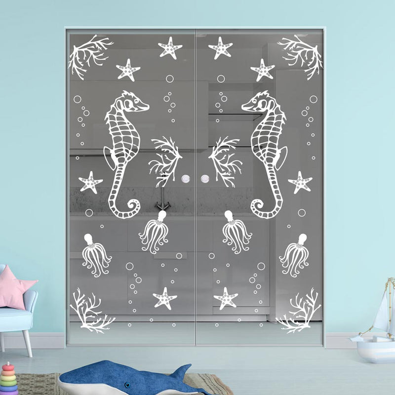Seahorse 8mm Clear Glass - Obscure Printed Design - Double Absolute Pocket Door