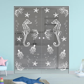 Image: Seahorse 8mm Clear Glass - Obscure Printed Design - Double Absolute Pocket Door